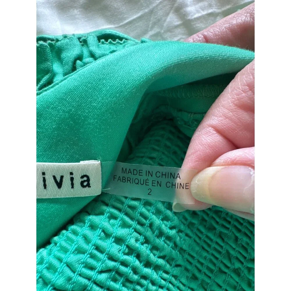 Alice + Olivia Green Smocked Puff Sleeve Mini Dress Size 2 Cotton Cottage Core
